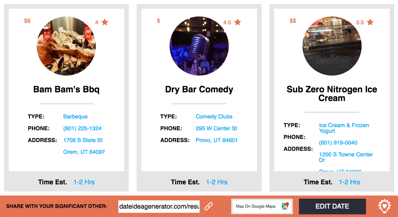 date idea generator final results page with shareable links