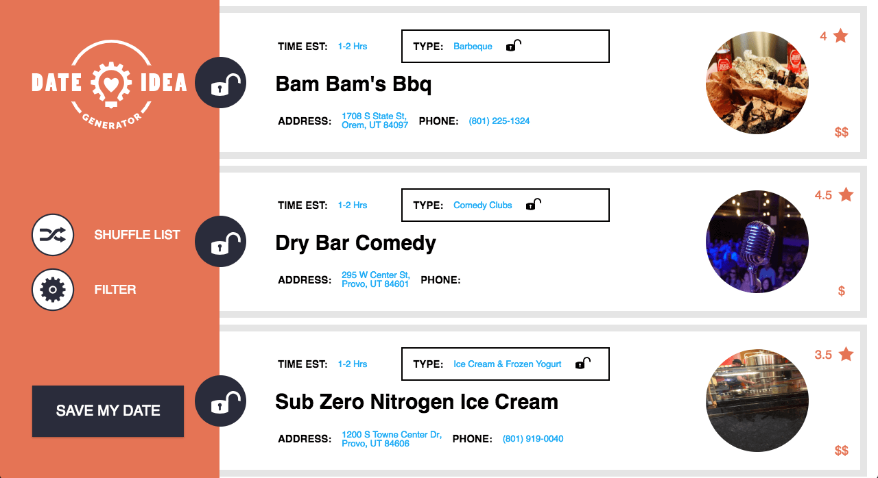date idea generator results page