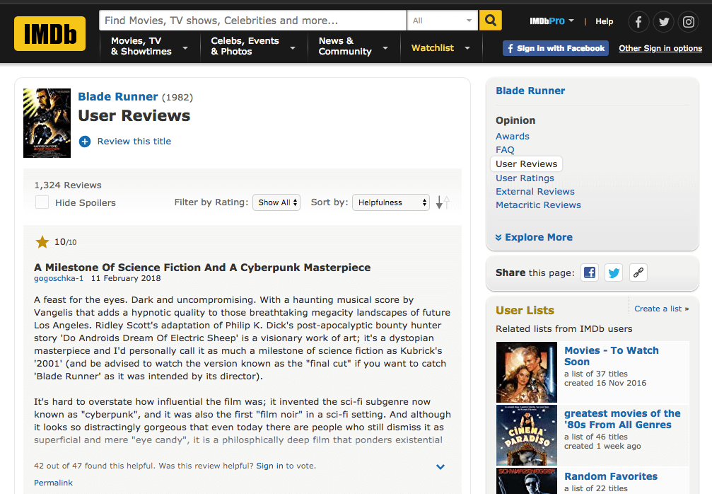 sample IMDb bladerunner page